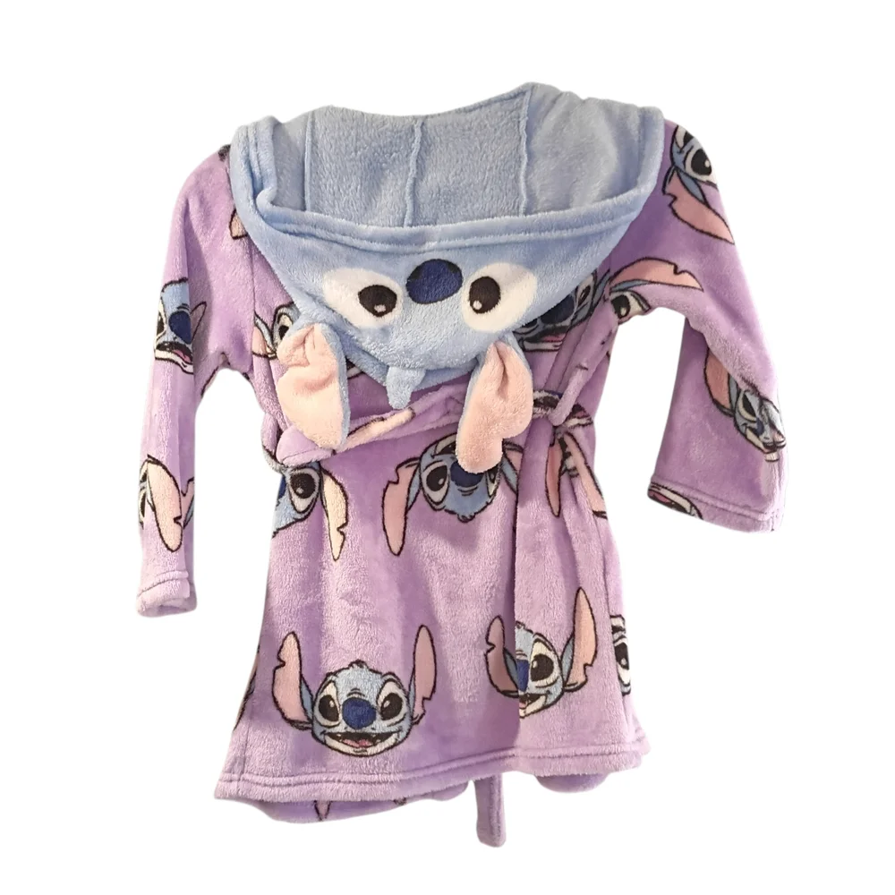 Disney Stitch Girls XS (4/5) Hooded Fleece Robe Purple Graphic Print Long Sleeve